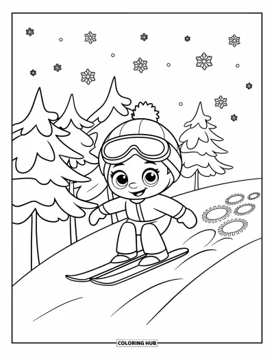 Coloriage de ski pour enfants : Un enfant skieur descend une colline en laissant des traces sinueuses dans la neige