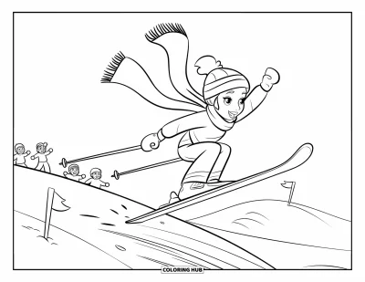 Coloriage de ski pour enfants : Un enfant skieur s'envole avec joie d'un petit saut enneigé, écharpe et bâtons en l'air