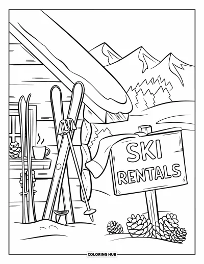 Coloriage de ski pour enfants : Une boutique de ski montagnarde chaleureuse avec du matériel de neige, des pommes de pin et des boissons chaudes
