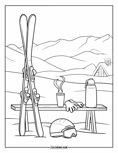 Coloriage de ski pour enfants : Une halte reposante avec des skis, des gants et une boisson fumante dans la neige