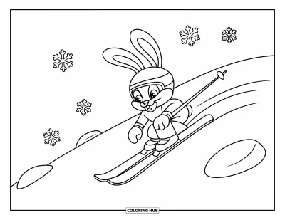 Coloriage de ski pour enfants : Un adorable lapin skieur fonce sur une piste sous des pics de montagne enneigés