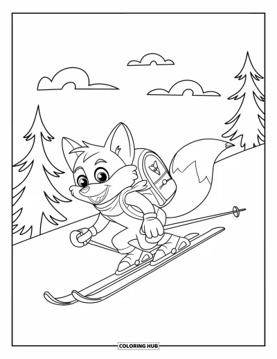 Coloriage de ski pour enfants : Un renard avec une écharpe skie joyeusement à travers une montagne forestière en hiver