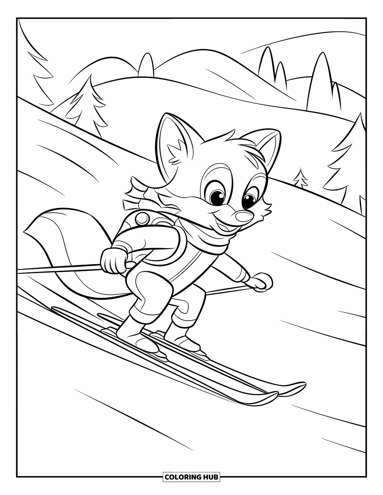 Skiing Coloring Page for Kids: A fox with a wide smile skis swiftly through a snowy mountain forest