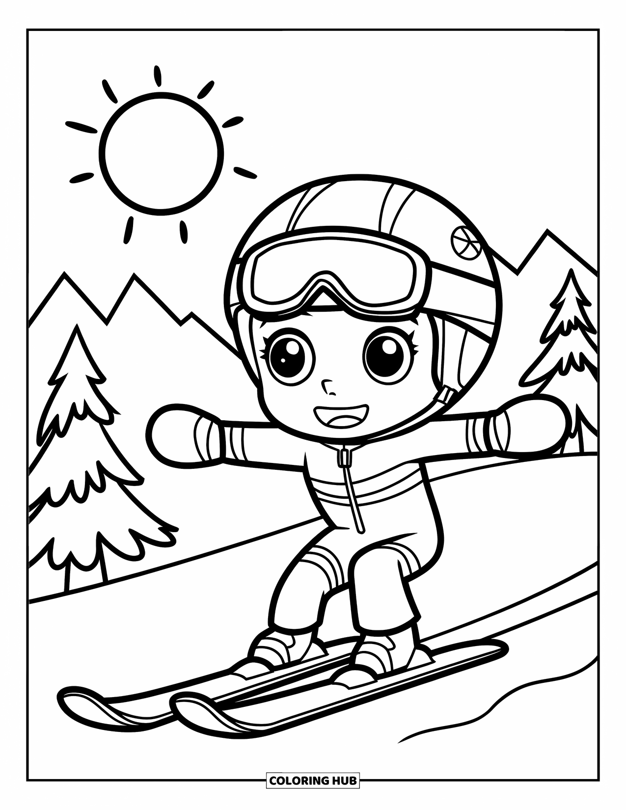 Skiing Coloring Page for Kids: A happy boy skier glides down a hill with sun and mountains behind