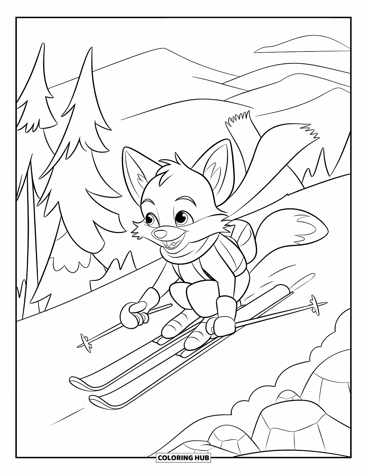 Skiing Coloring Page for Kids: A happy fox skier with scarf and backpack races down a snow-covered slope