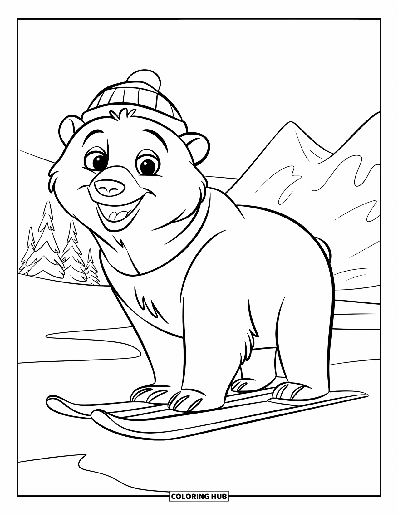 Skiing Coloring Page for Kids: A happy polar bear in a hat skis proudly on flat snowy ground