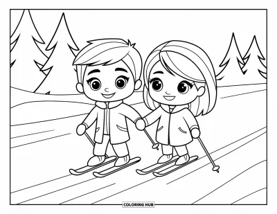 Coloriage de ski pour enfants : Un duo de skieurs heureux se tient par la main en glissant dans la neige entre les sapins