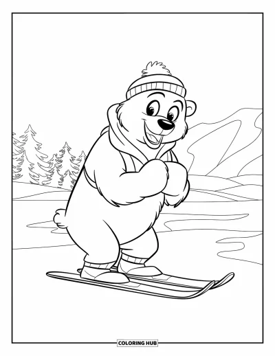 Coloriage de ski pour enfants : Un ours polaire joyeux avec des skis rayonne sous un ciel d'hiver lumineux