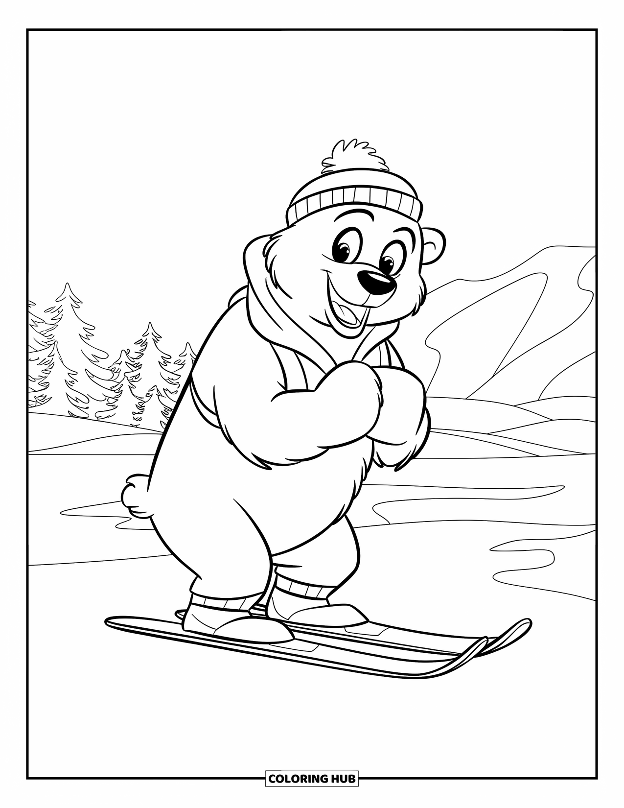 Skiing Coloring Page for Kids: A joyful polar bear with skis beams under a bright winter sky