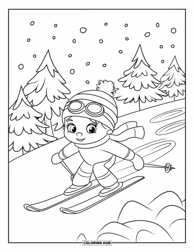 Coloriage de ski pour enfants : Un petit skieur sourit sous la neige qui tombe, l'écharpe flottant dans le vent