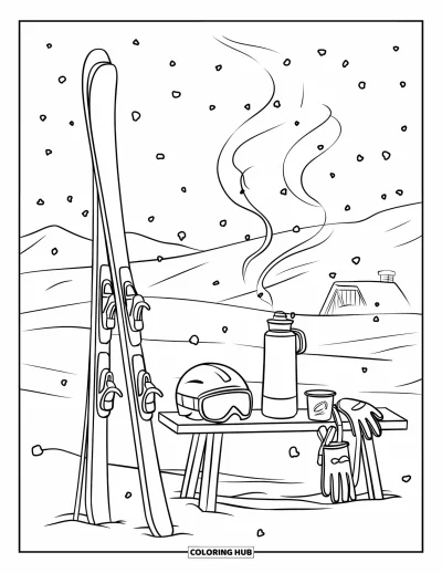 Coloriage de ski pour enfants : Une pause ski paisible avec des skis posés contre un banc, la vapeur montant d'une tasse