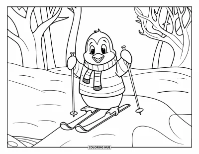 Coloriage de ski pour enfants : Un pingouin en pull rayé glisse joyeusement sur la neige à skis