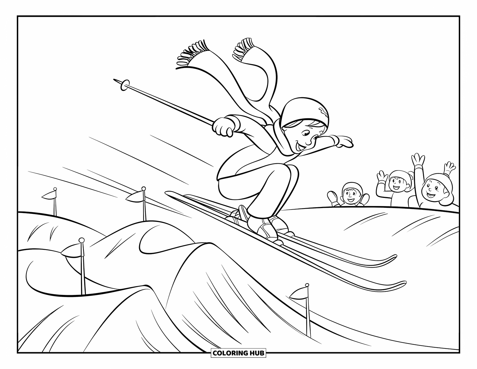 Skiing Coloring Page for Kids: A playful skier jumps midair above a soft snowy mound with waving friends