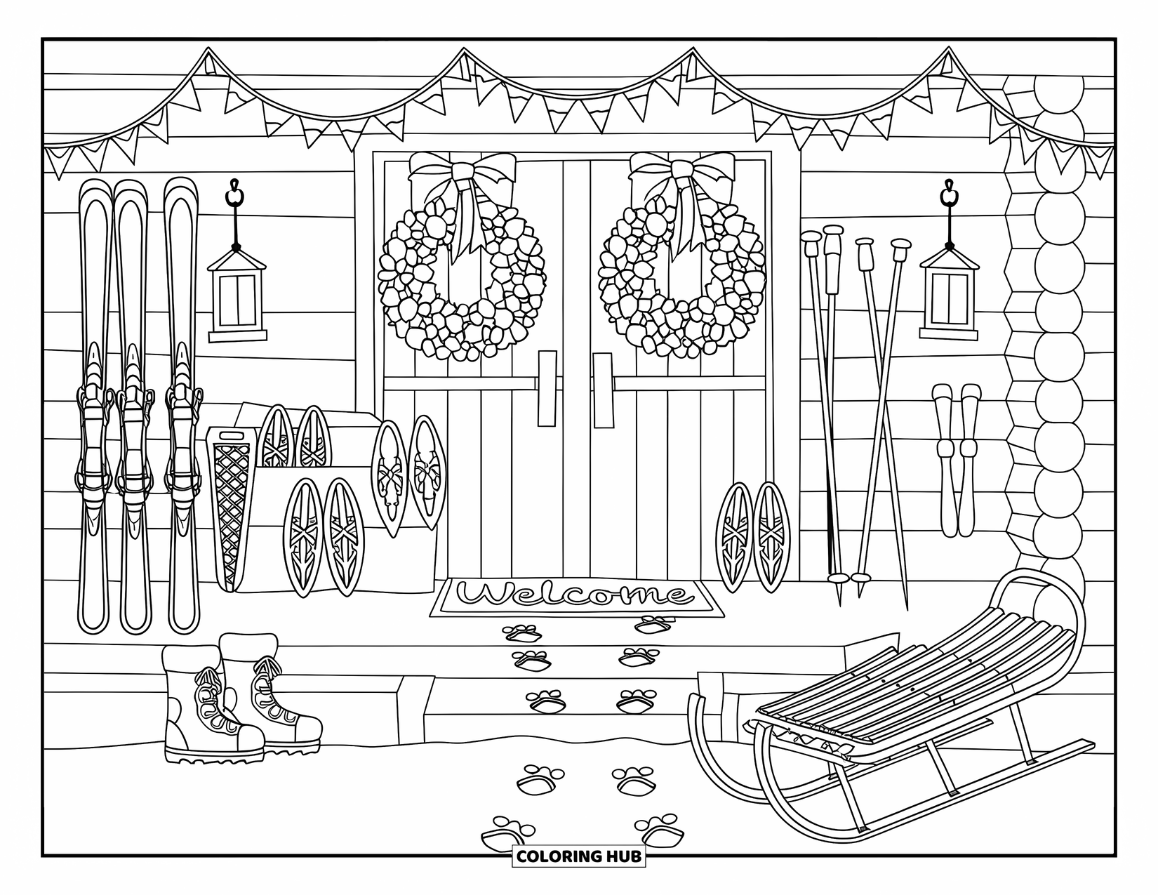 Skiing Coloring Page for Kids: A rustic ski cabin porch with boots, sled, and snowy footprints in the yard