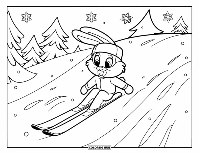 Coloriage de ski pour enfants : Un lapin skieur glisse joyeusement sur une pente parmi des flocons et des sapins