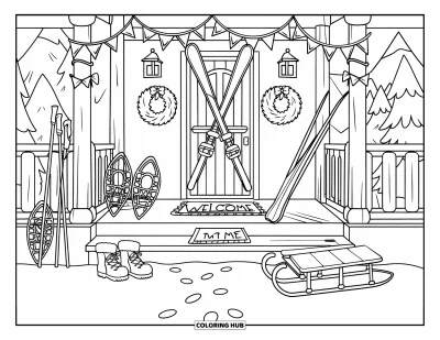 Coloriage de ski pour enfants : Le porche d'un chalet de ski décoré de matériel festif, de lanternes et d'une vue sur les montagnes
