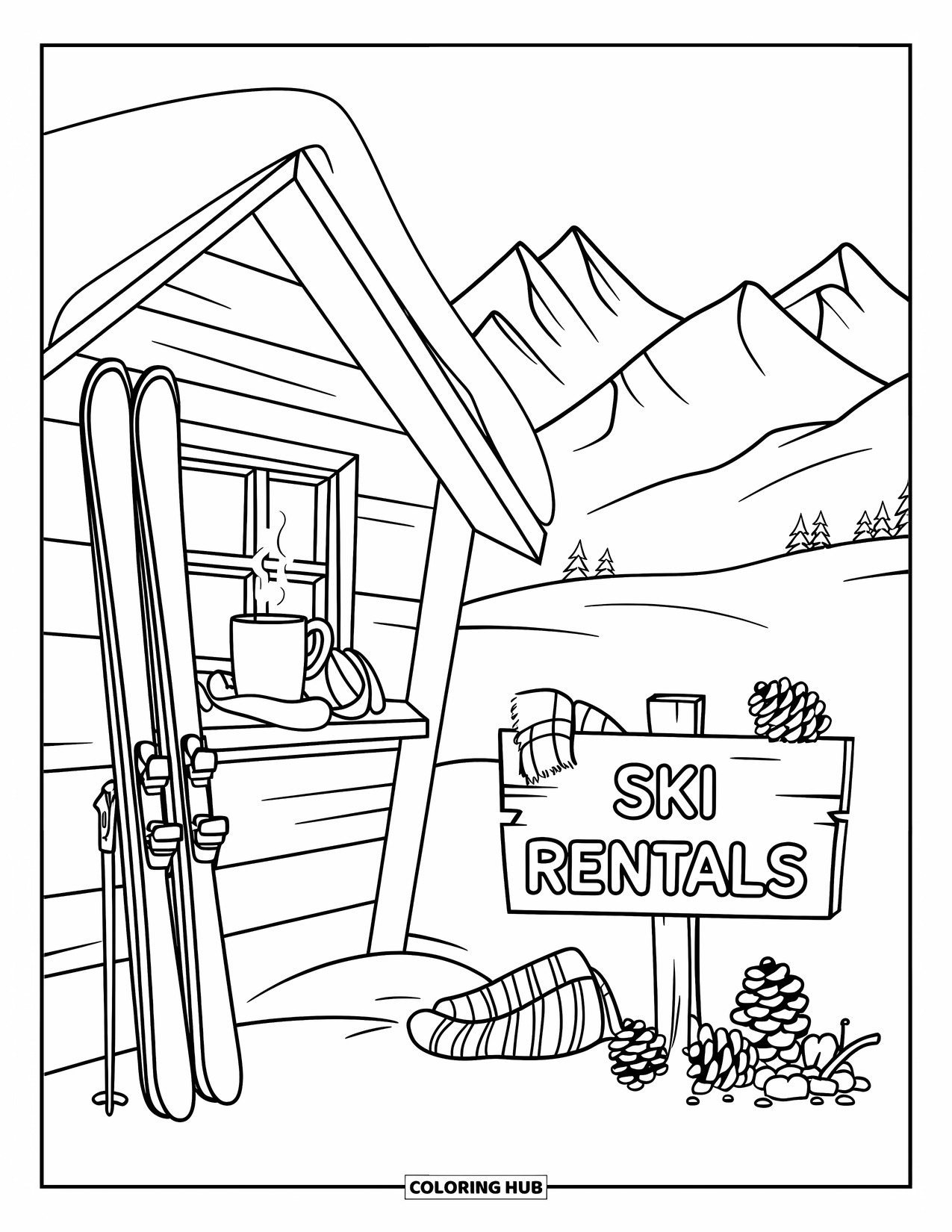 Skiing Coloring Page for Kids: A ski rental cabin scene with skis, mugs, mittens, and mountain views