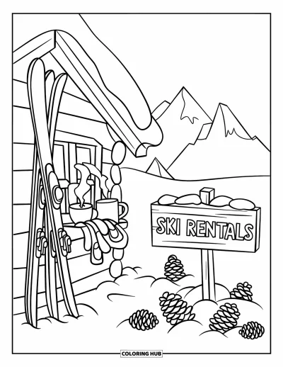 Coloriage de ski pour enfants : Un petit chalet de ski avec une enseigne « Ski Rentals » et un décor de montagne enneigée