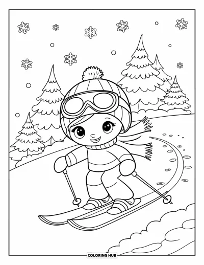 Coloriage de ski pour enfants : Un petit skieur descend tranquillement une colline enneigée entourée de sapins