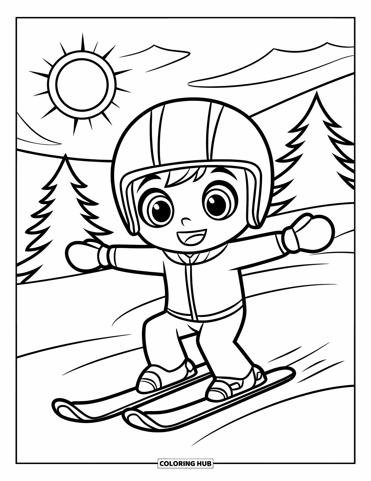 Skiing Coloring Page for Kids: A smiling boy skis downhill wearing a striped suit and goggles