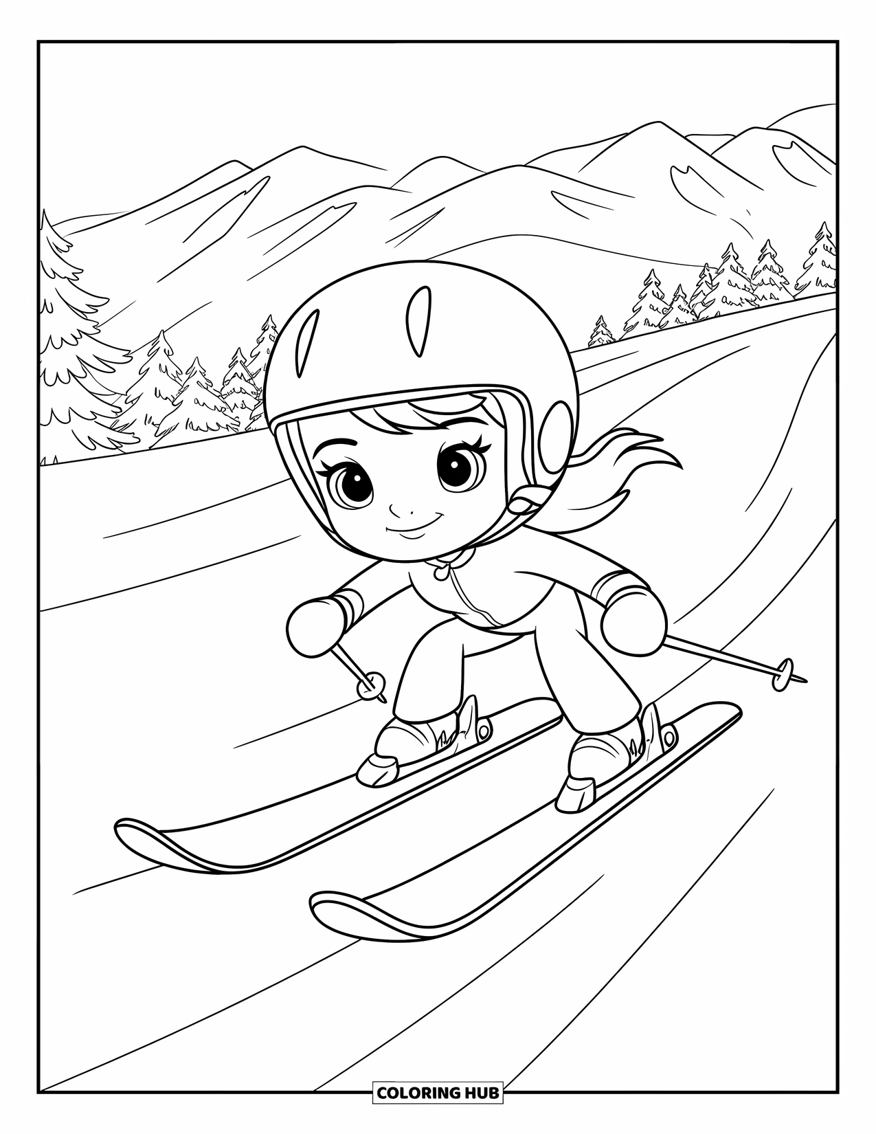 Skiing Coloring Page for Kids: A smiling girl on skis glides down a snowy mountain under clear skies