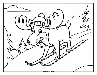 Coloriage de ski pour enfants : Un élan souriant glisse sur une colline enneigée sous des nuages duveteux