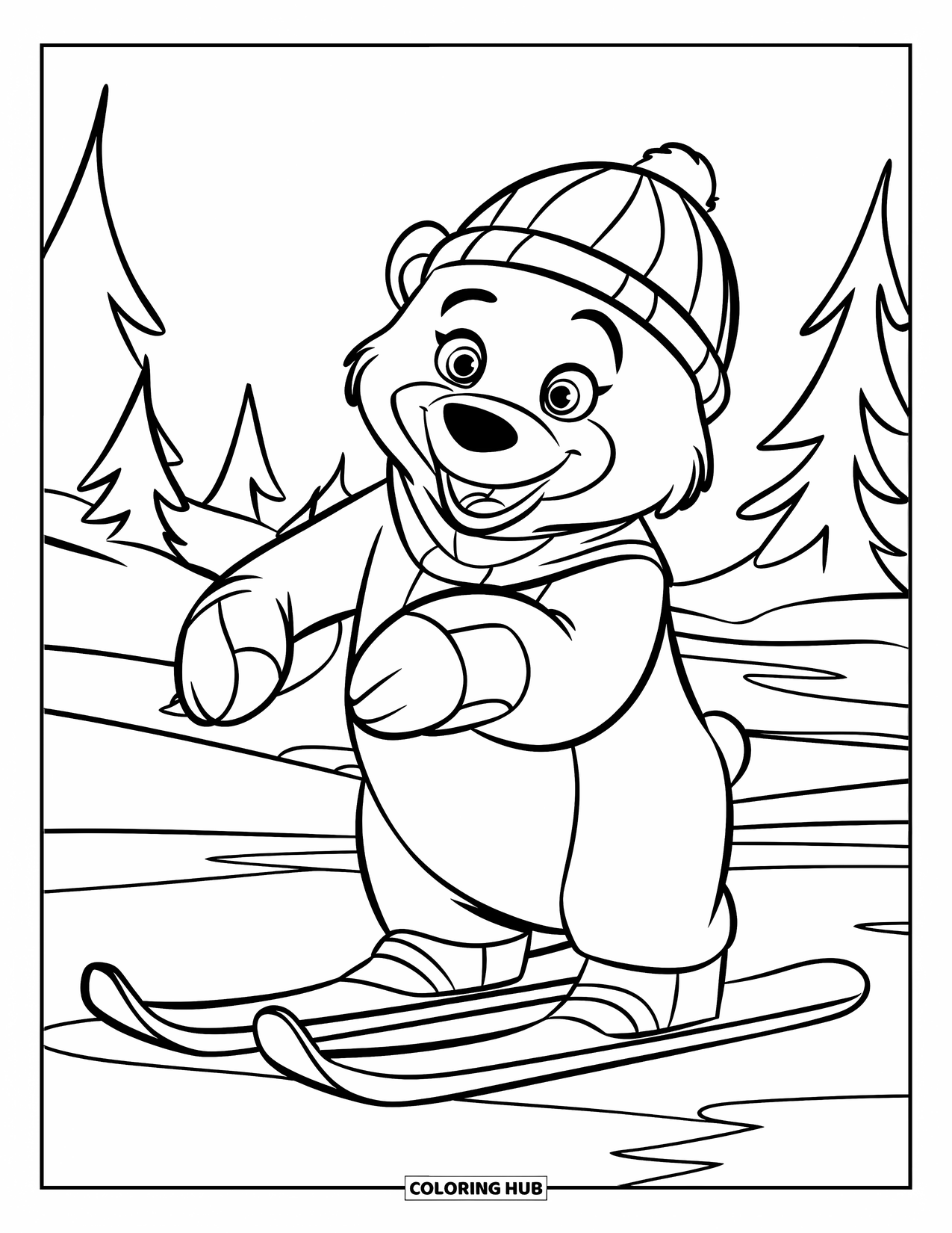 Skiing Coloring Page for Kids: A smiling polar bear on skis stands amid snow and evergreen trees