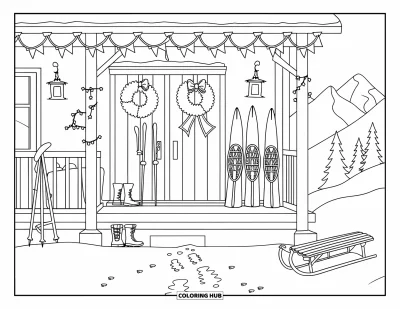 Coloriage de ski pour enfants : Le porche chaleureux d'un chalet avec des couronnes, des skis et une luge près des sommets enneigés