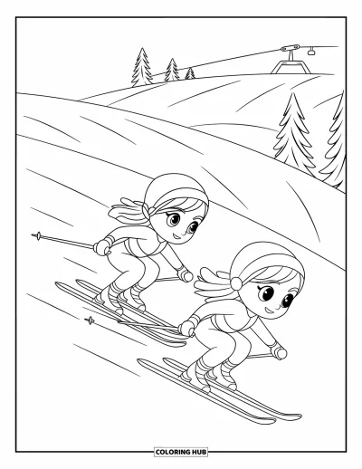 Coloriage de ski pour enfants : Des skieurs chibi glissent dans la neige avec des montagnes au loin