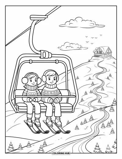 Coloriage de ski pour enfants : Des enfants avec des protège-oreilles sourient tandis que leur télésiège monte vers le sommet