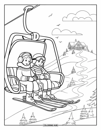 Coloriage de ski pour enfants : Des skieurs souriants montent le télésiège près d'oiseaux, de pistes et d'un refuge au loin