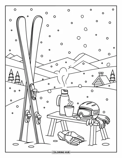 Coloriage de ski pour enfants : Des skis appuyés contre un banc en bois avec un chocolat chaud et des accessoires d'hiver