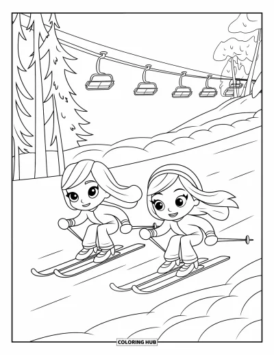 Coloriage de ski pour enfants : Des skieurs souriants dévalent la pente entre des arbres et des chemins enneigés