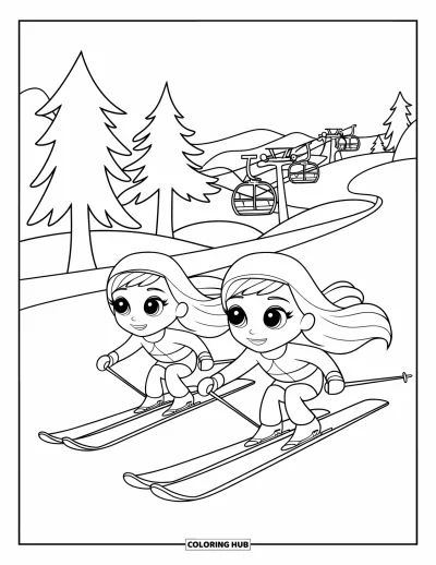 Coloriage de ski pour enfants : Deux fillettes chibi dévalent une pente avec des arbres et un télésiège au-dessus