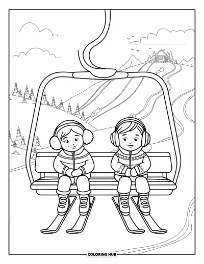 Coloriage de ski pour enfants : Deux enfants dans un télésiège survolent des pistes enneigées et des sapins