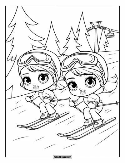 Coloriage de ski pour enfants : Deux fillettes enjouées skient vite sous un télésiège et des sapins enneigés