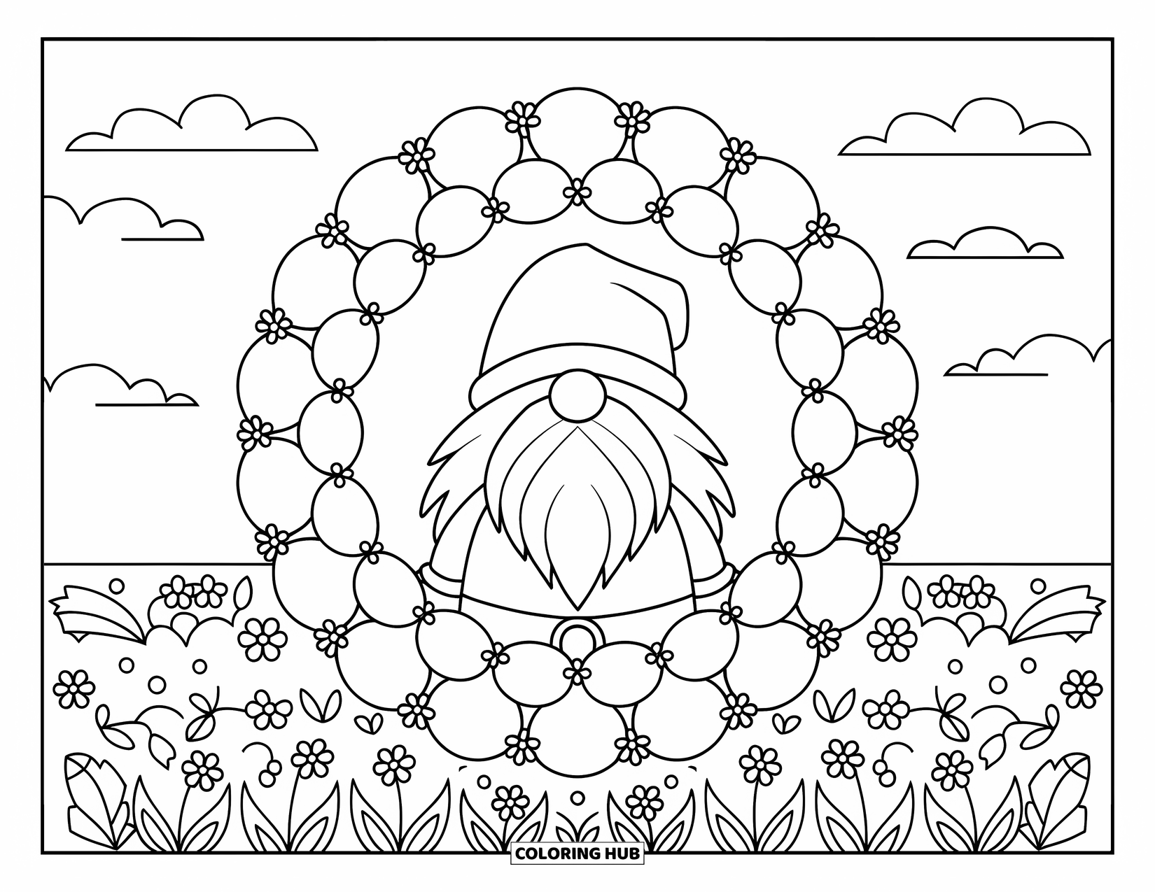 Spring Gnome Coloring Page for Adults: A bearded gnome smiles among rings of blooming spring flowers