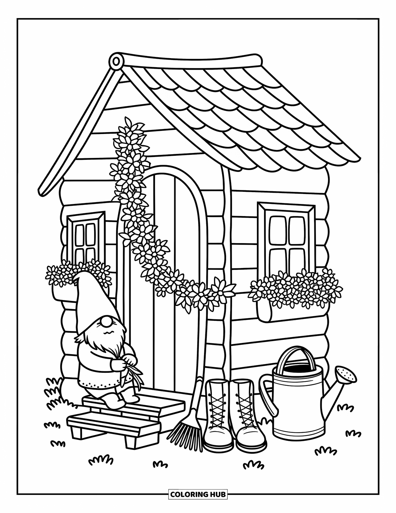 Spring Gnome Coloring Page for Adults: A gnome cheerfully hangs flowers by a shed filled with garden tools and flowerpots