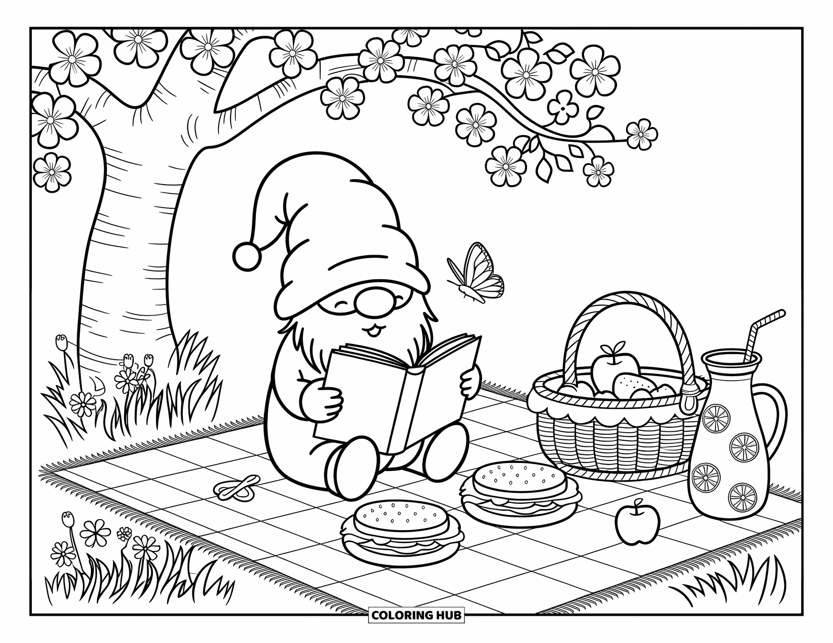 Spring Gnome Coloring Page for Adults: A gnome enjoys a cozy picnic under a tree with a book and lemonade