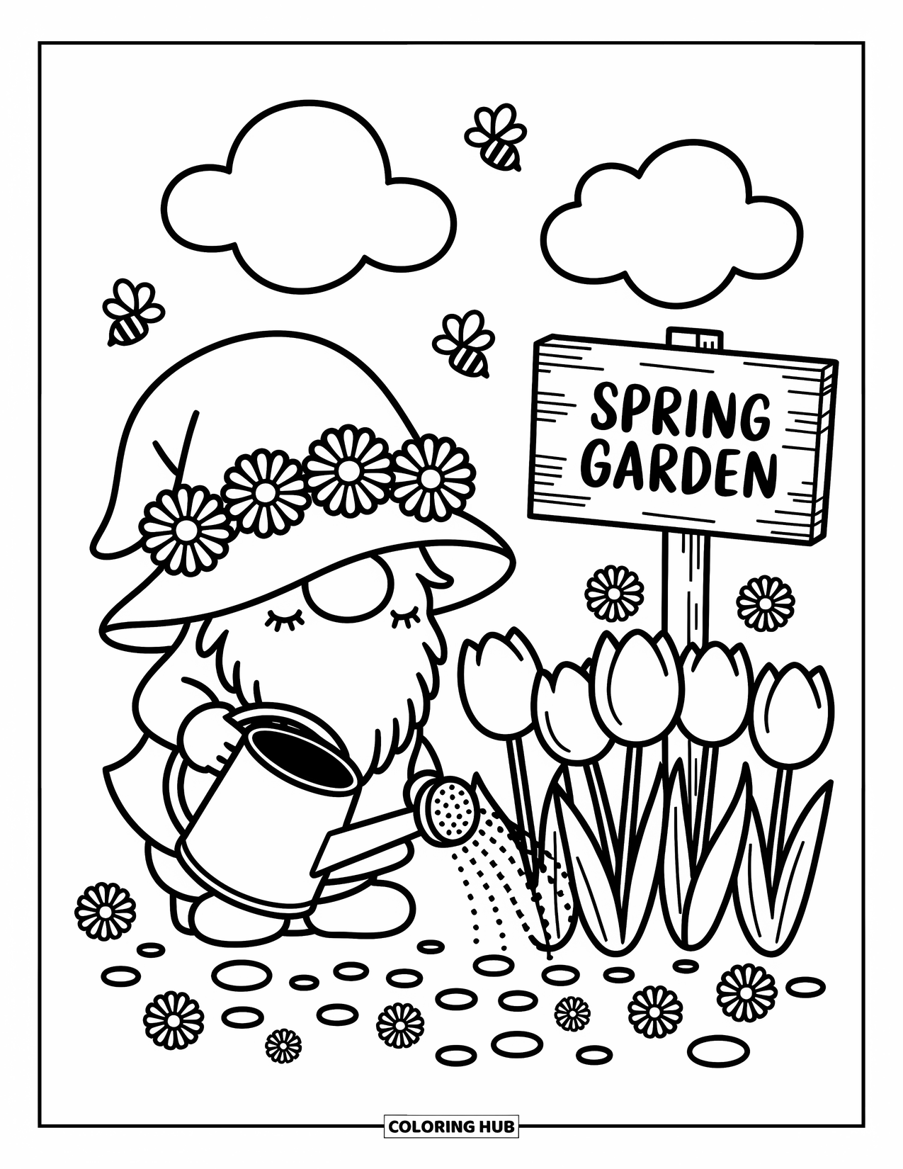 Spring Gnome Coloring Page for Adults: A gnome gently waters tulips near a spring sign and buzzing bees