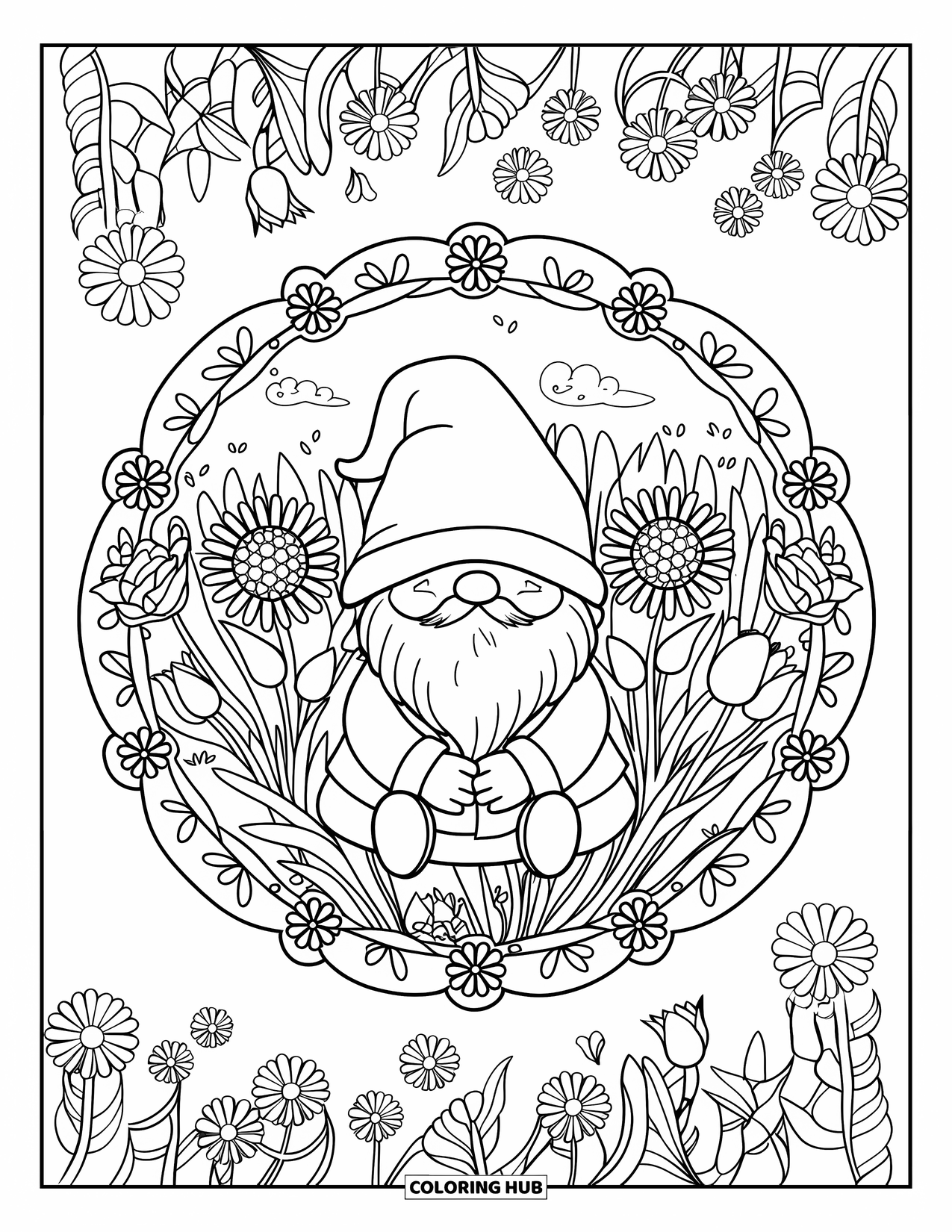 Spring Gnome Coloring Page for Adults: A gnome is nestled in a floral mandala of tulips, daisies, and roses