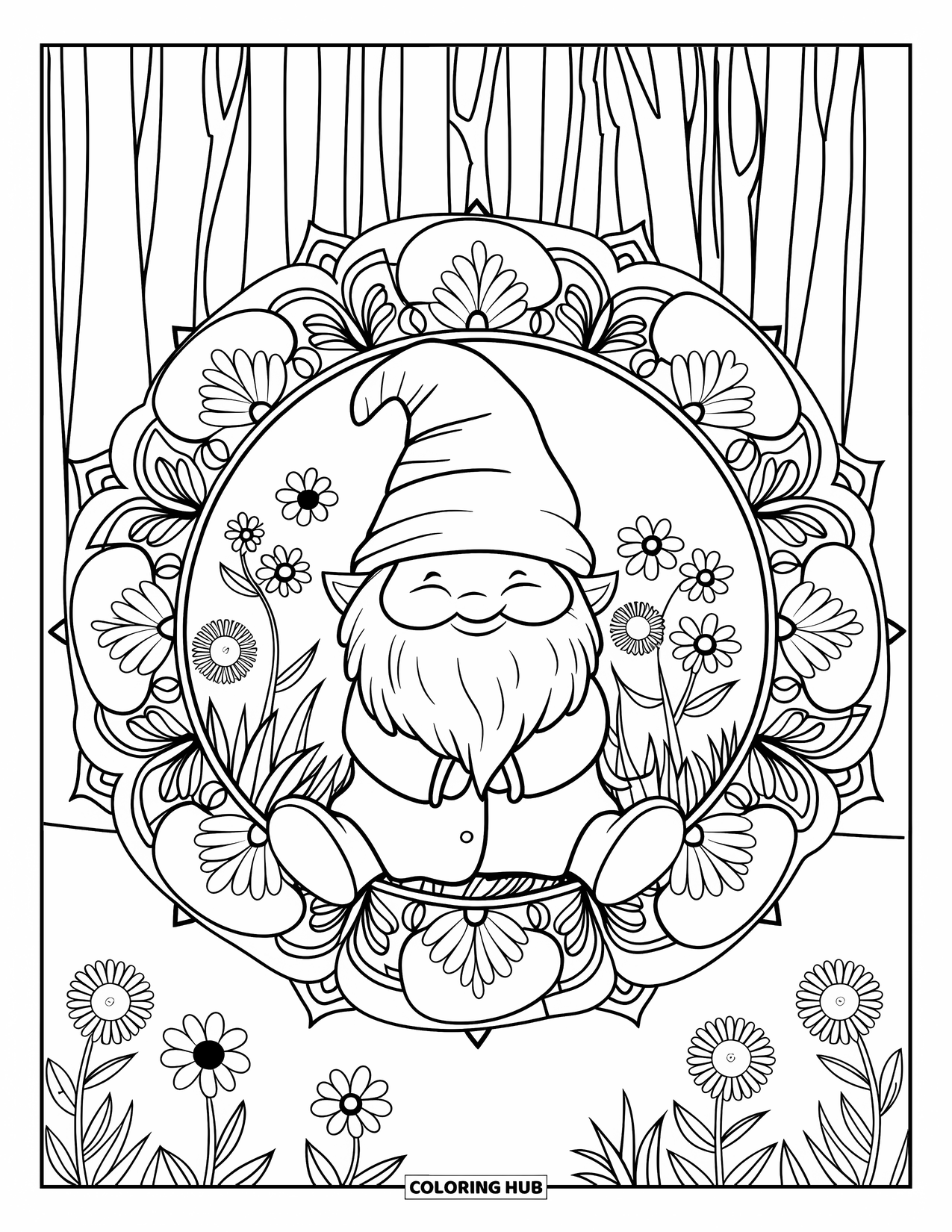 Spring Gnome Coloring Page for Adults: A gnome relaxes in a flower mandala filled with petals and vines