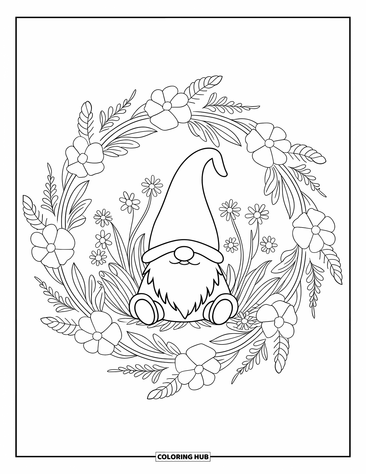 Spring Gnome Coloring Page for Adults: A gnome sits peacefully in a mandala of spring flowers and leaves