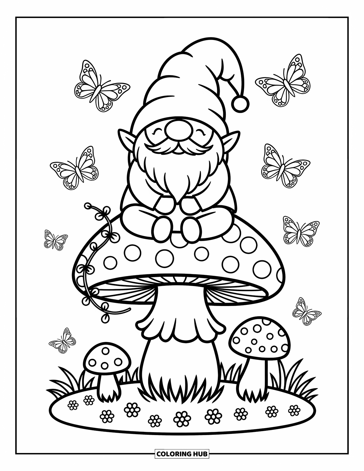 Spring Gnome Coloring Page for Adults: A gnome sits peacefully on a mushroom surrounded by butterflies and little mushrooms