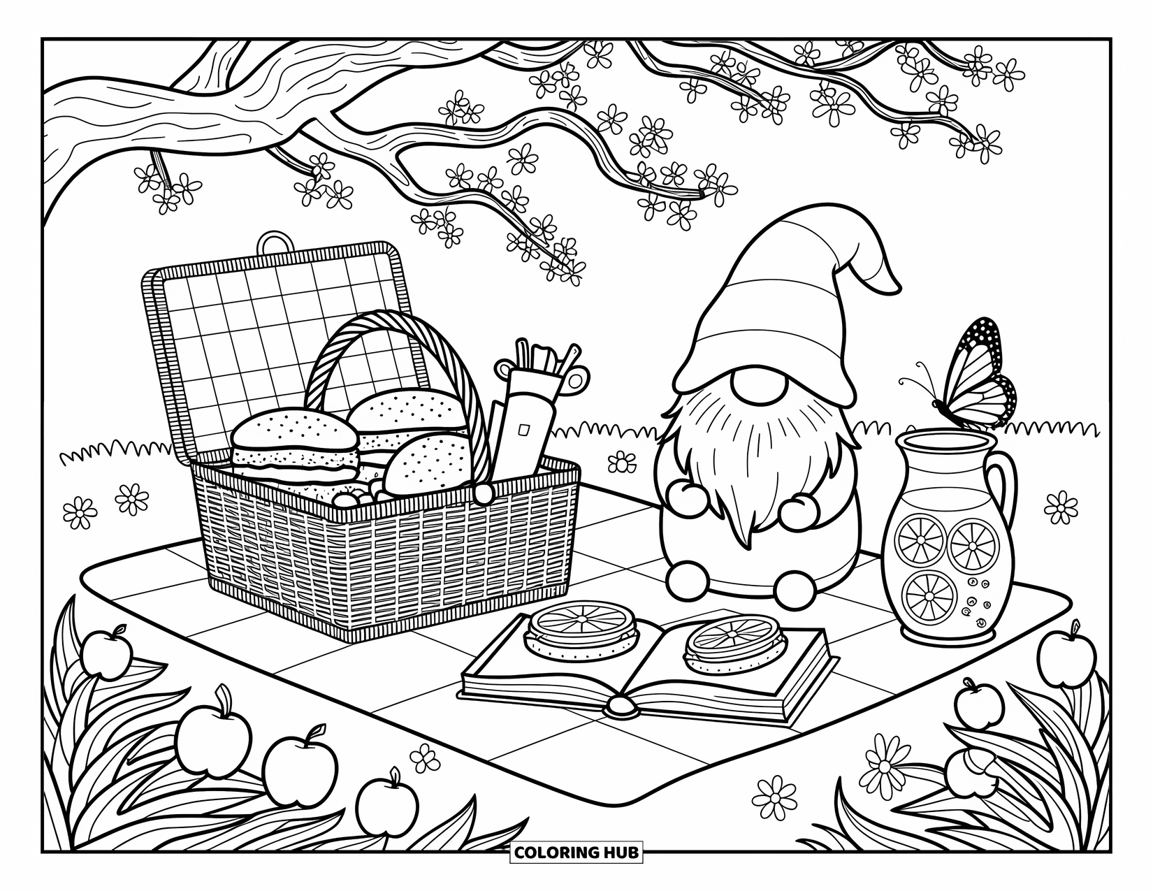 Spring Gnome Coloring Page for Adults: A gnome sits under a tree, reading near apples, flowers, and picnic treats