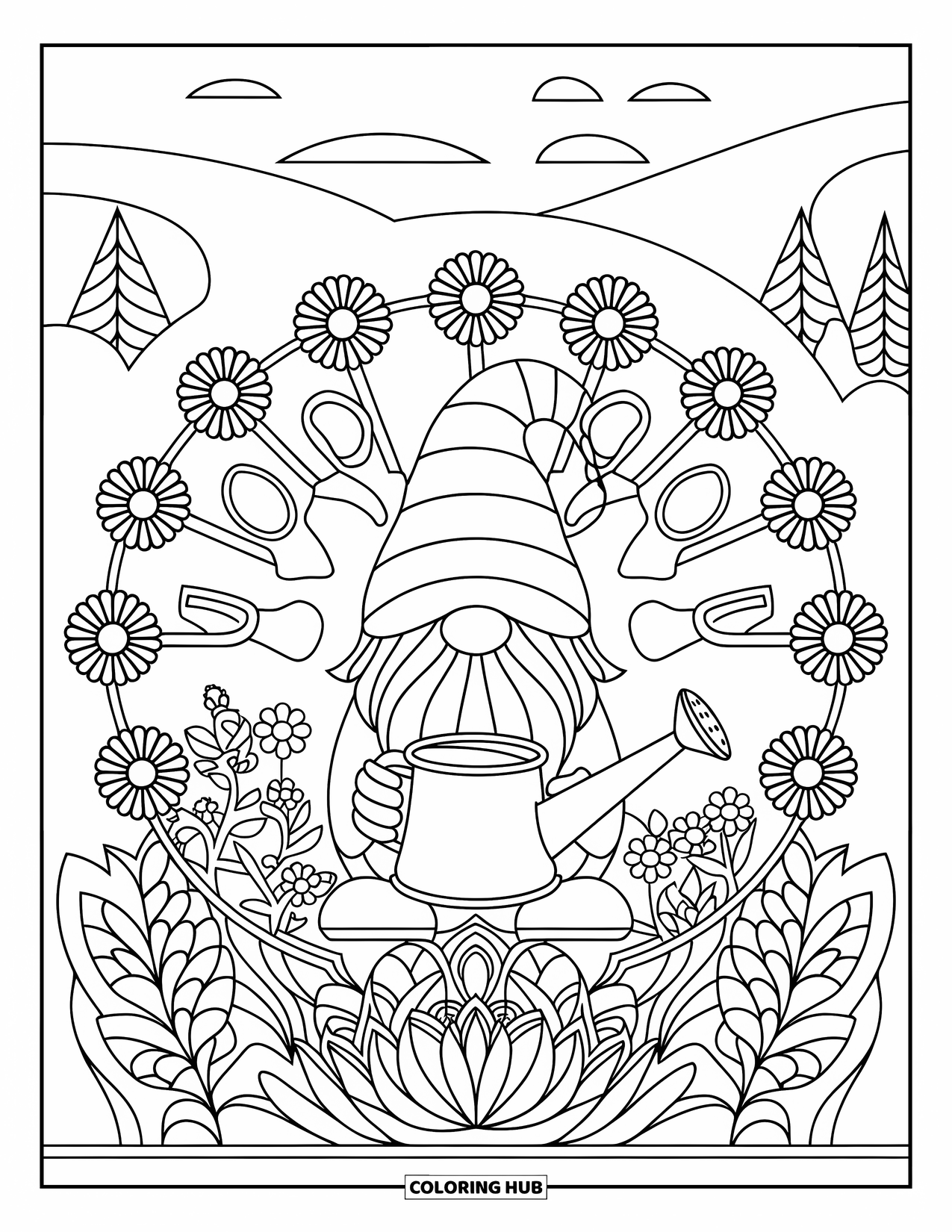Spring Gnome Coloring Page for Adults: A gnome smiles in a garden surrounded by flowers, tools, and calming patterns