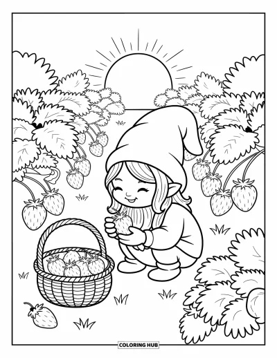 Omalovánka s jarním trpaslíkem pro dospělé: Trpaslík se usměje při sbírání jahod, zatímco poblíž leze beruška