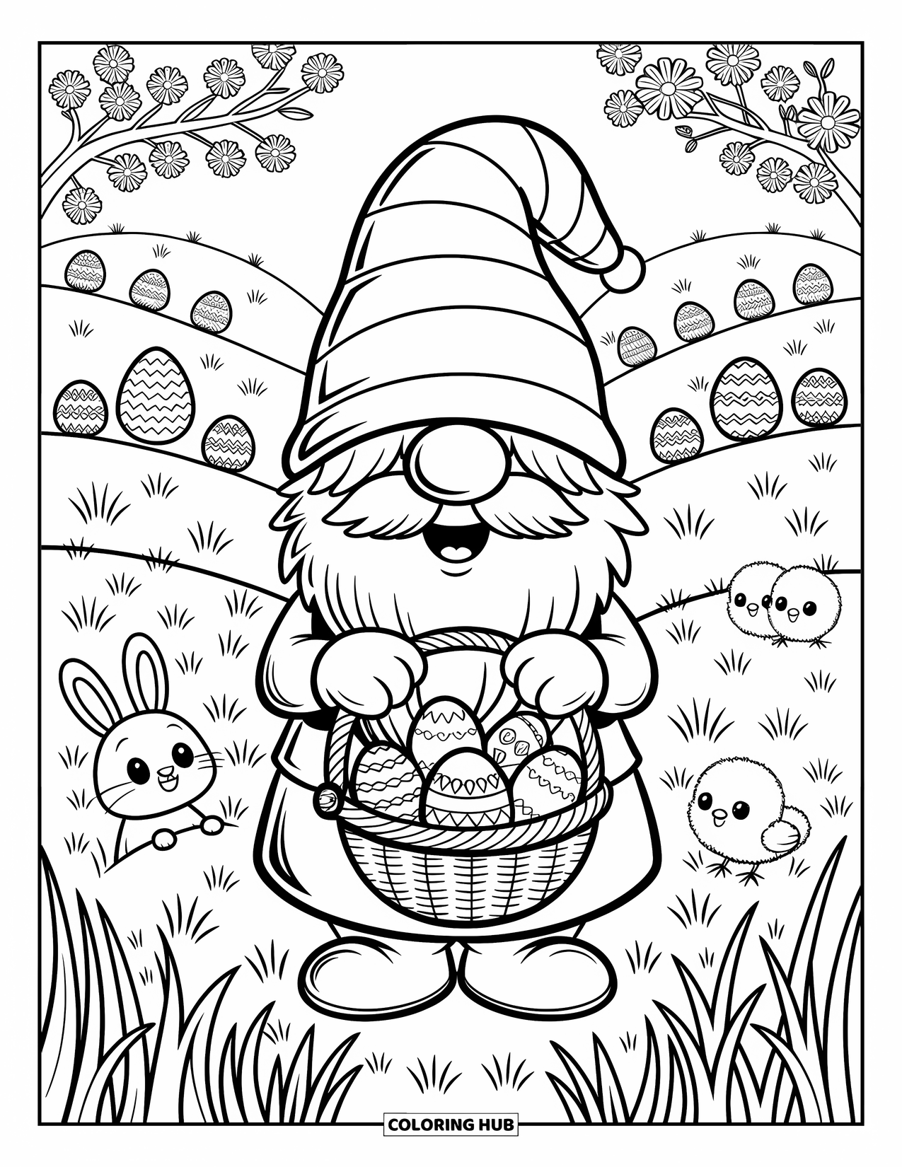 Spring Gnome Coloring Page for Adults: A gnome stands in a meadow with eggs, watched by baby chicks and a bunny