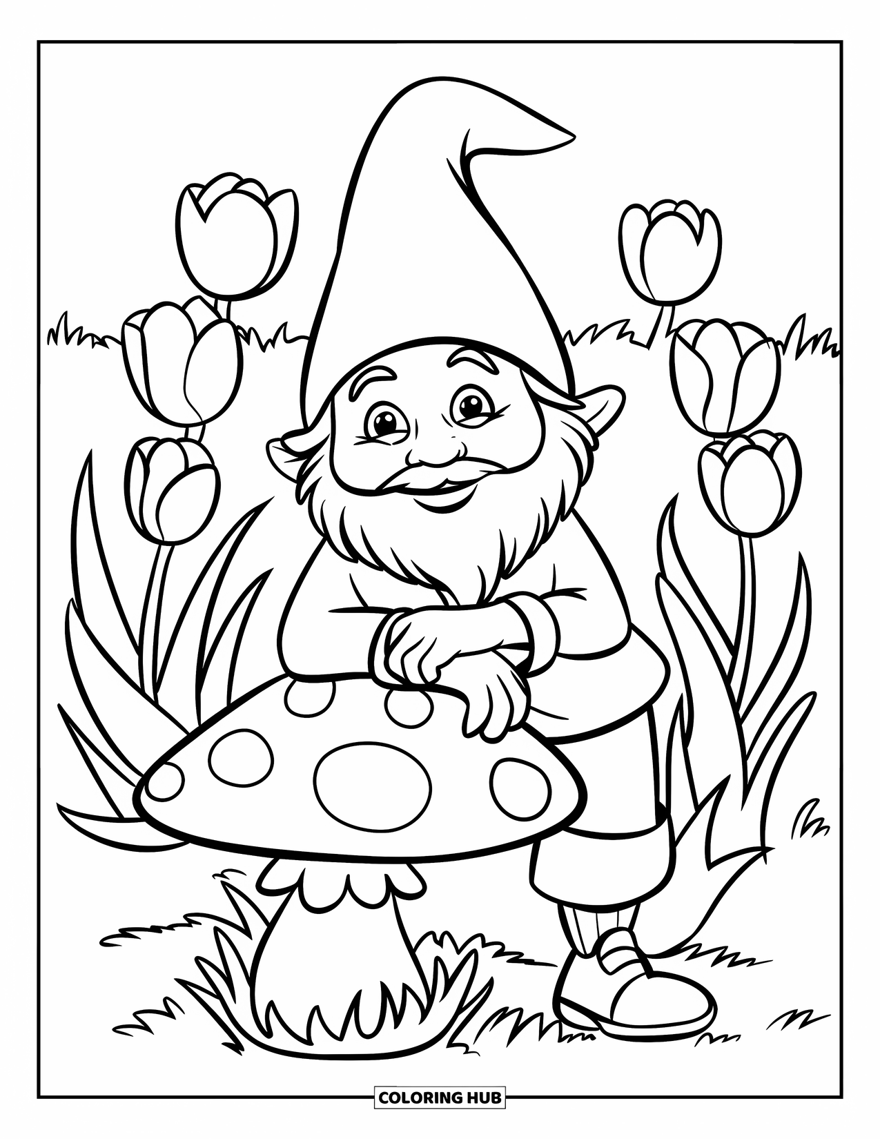 Spring Gnome Coloring Page for Kids: A cheerful gnome leans on a mushroom in a windy tulip field