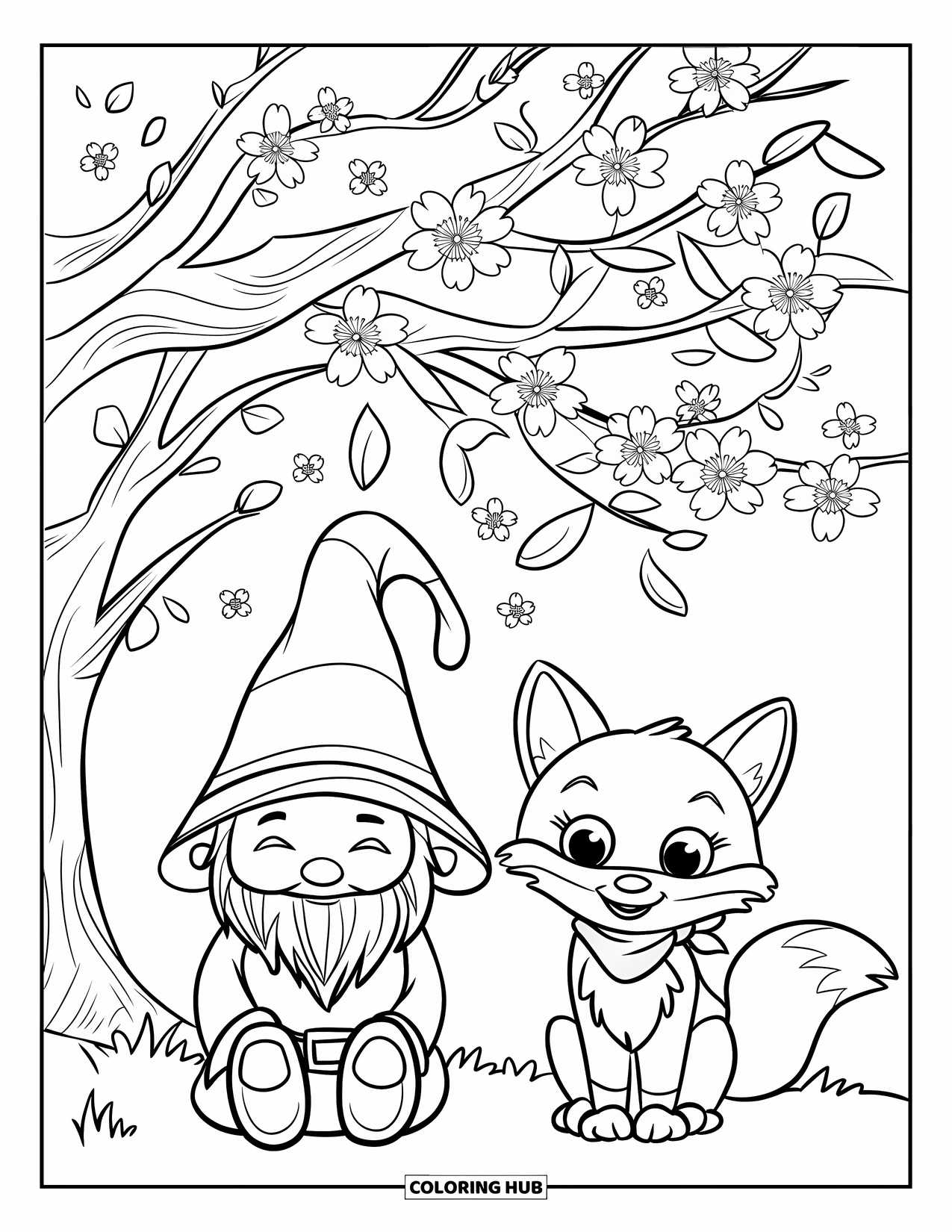 Spring Gnome Coloring Page for Kids: A gnome and a fox rest under pink blossoms wearing colorful spring outfits